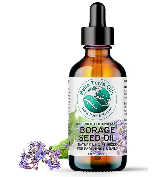 Bella Terra Oils - Organic Borage Seed Oil 4 oz - Rich in GLA, Pure & Untouched, Abundant in Omega-6 Fatty Acids, Elevate Skin's Natural Radiance & Softness