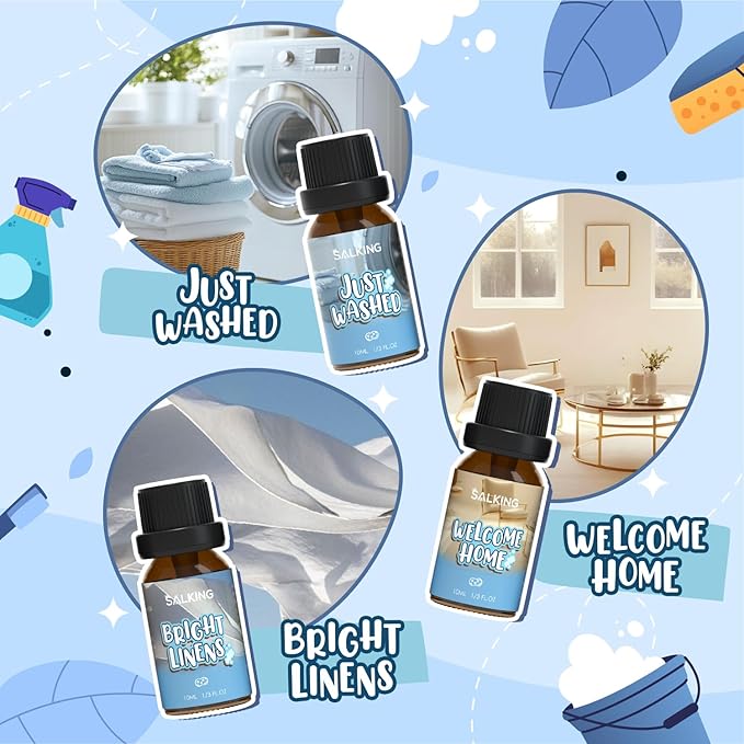 SALKING Housekeeping Fragrance Oils, Premium Essential Oil for Diffuser, Scented Oil Gift Set for Soap Candle Making - Just Washed, Welcome Home, Bright linens, Clean Trick, Clean Breeze, So Clean