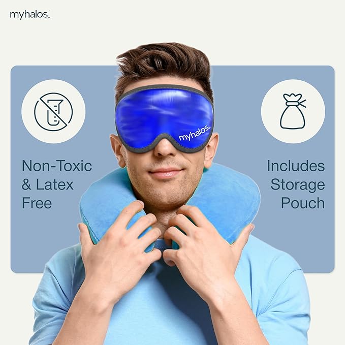 MyHalos® Gel Eye Mask - Reusable Cold Eye Mask with Adjustable Straps- Our Soothing Eye Gel Mask Helps Puffy Eyes, Dark Circles and Hangovers - Our Eye Ice Pack Also Relieves Sinus Pain & Headaches