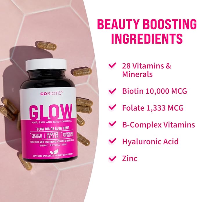 GoBiotix Hair Skin and Nails Vitamin Supplement - Biotin Pills with Hyaluronic Acid, Folate, Iron, Magnesium, and Zinc - Collagen Production, Hair Growth