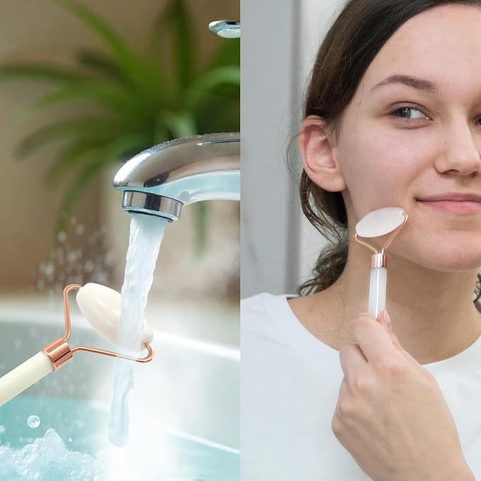 Earth & I White Jade Roller & Face Guasha Set 2pc, at Home Spa Essentials, Women Self Care, Face Tool for Lymphatic Drainage, Gua Sha Roller, Gusha, Facial Gua Sha Tool, Spa Accessories for Women