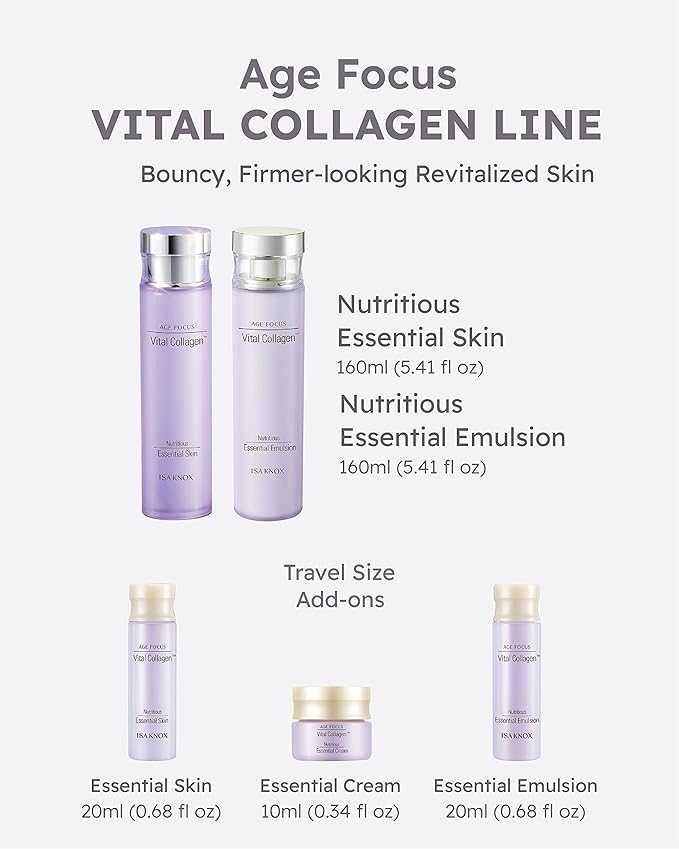 ISA KNOX AGE FOCUS VITAL COLLAGEN SKINCARE GIFT SET (370ml / 12.51 Fl Oz) - Korean Luxury Premium High-end Skin Toner, Emulsion Lotion, Cream by LG BEAUTY. Hydrolyzed Collagen,
