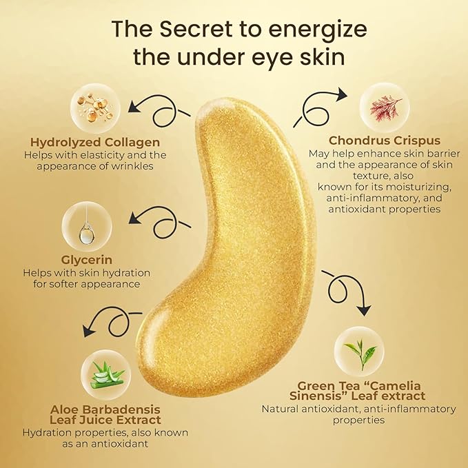 Under Eye Masks (30 Pairs), 24K Gold Under Eye Patches for Puffy Eyes, Dark Circles, Eye Bags, Refreshes Skin, Firm Glowy Youthful More Elastic Skin Hydration, Collagen Skin Care Products