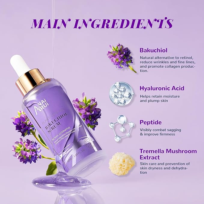 ANAI RUI Bakuchiol Face Serum, Bakuchiol Retinol Alternative Serum,Smoothing Face Serum with Hyaluronic Acid & Peptide Sensitive Skin Serum, Anti Aging, Smoothing & Wrinkle Serum, 1.69Fl.Oz 50ML