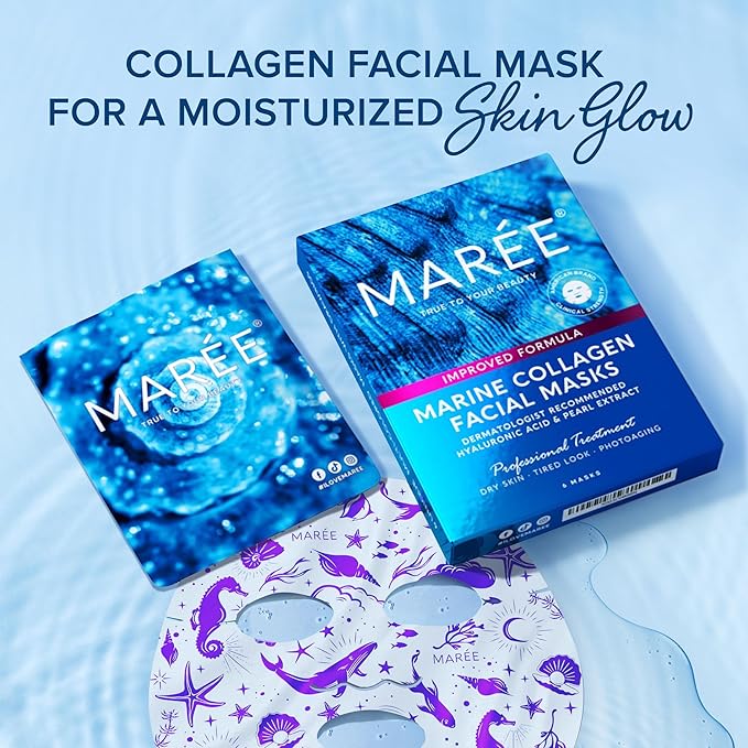 MAREE Collagen Facial Mask with Hyaluronic Acid 2 PACK - Sheet Face Masks Skincare with Green & Red Algae Extract - Hydrating Mascarillas Faciales For Women Skin Care