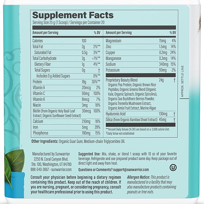 Vegan Collagen Building Powder Protein Peptide with Biotin Vitamin C Hyaluronic Acid Collagen Protein Powder for Hair Skin Nail Dairy Free Gluten Free | Unflavored by Sunwarrior