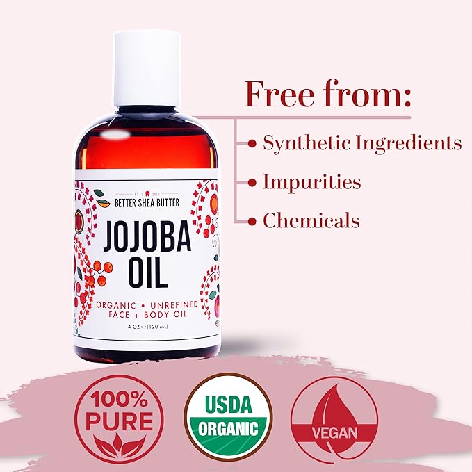 Better Shea Butter Organic Jojoba Oil | 100% Pure, Cold Pressed | Moisturize Face, Body & Hair Oil | Natural Massage Oil | 4 oz