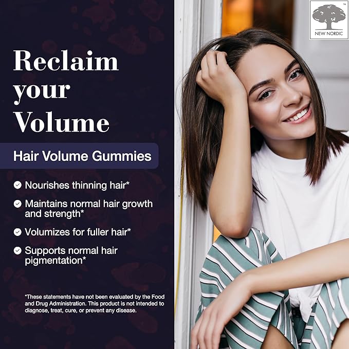 NEW NORDIC Hair Volume Gummies, 2500 mcg Biotin, Daily Hair Vitamins Supplement to Support Hair Skin & Nails, Vegan, 60 Count (Pack of 1)
