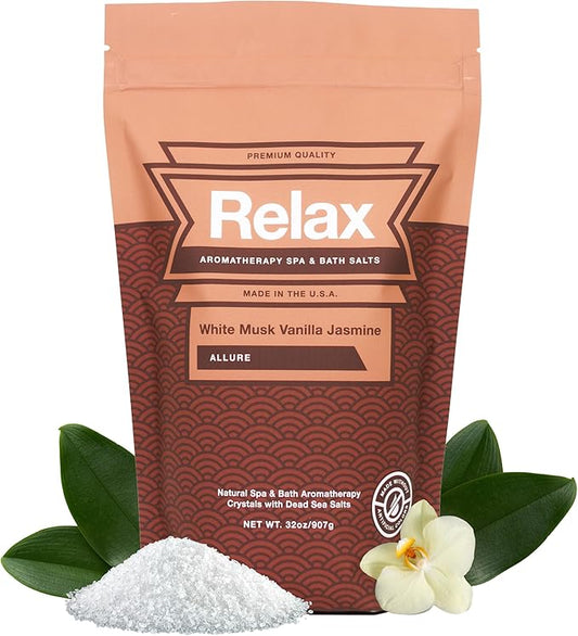 Relax Spa & Bath, Epsom & Dead Sea Salts, Aromatherapy Bath Salts for Hot Tub, Bath, or Spa, Infused with Magnesium, Mothers Day Gifts & Gifts for Mom, White Musk Vanilla Jasmine