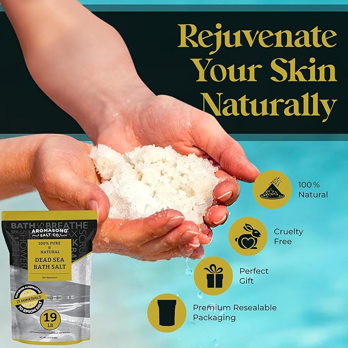 Aromasong Dead Sea Salt - Spa Bath Salt - 19 Lbs Fine Grain Bulk - 100% Pure - Better Absorbing Than Epsom Salt - Soak for Women & Men for Skin Issues and to Relax Tired Muscles - Resealable Pack.