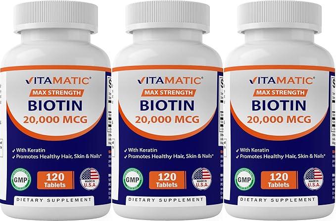 Vitamatic High Potency Biotin 20000 mcg (20mg) with Keratin 100mg - 120 Vegetarian Tablets - Biotin Supplements for Healthy Hair Skin & Nails for Adults (120 Count (Pack of 3))