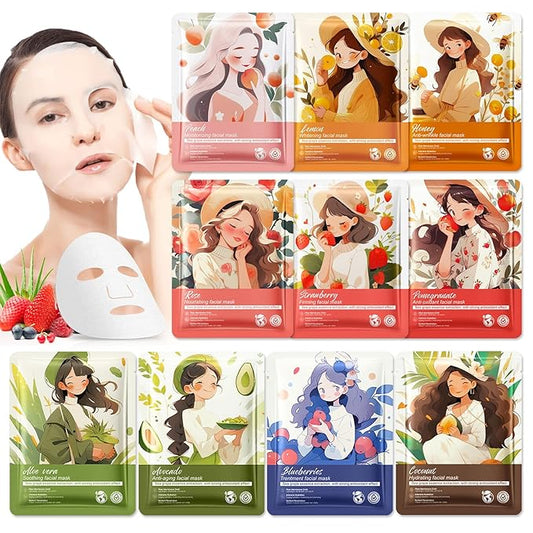 Facial Masks for Women Skin Care,10 Pack Kids Face Masks Spa,Hydraiting Hyaluronic Acid Face Mask Set for Girls,Natural Ingredients Mascarillas Faciales Para Niñas