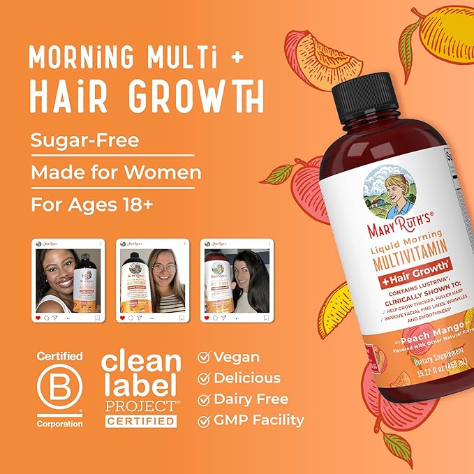 MaryRuth's Liquid Multivitamin + Hair Growth | Biotin 10000mcg | Lustriva Hair Growth Supplement | Clinically Tested in Women for Thicker Hair & Facial Wrinkle | Skin Care | Ages 18+ | 15.22 Fl Oz