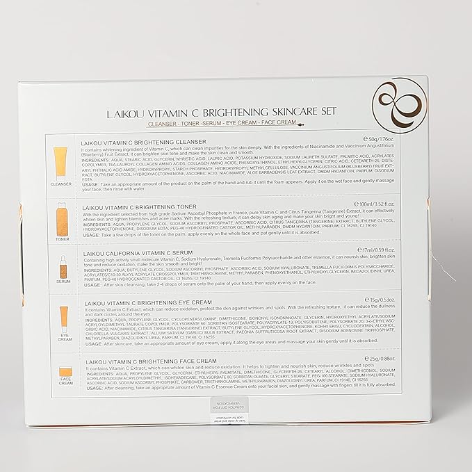 Vitamin C Skincare Set for Teenage Girls, 5-In-1 Skin Cleaning & Care Travel Size Kit With Cleanser, Toner, Face Serum, Eye Cream, Face Cream