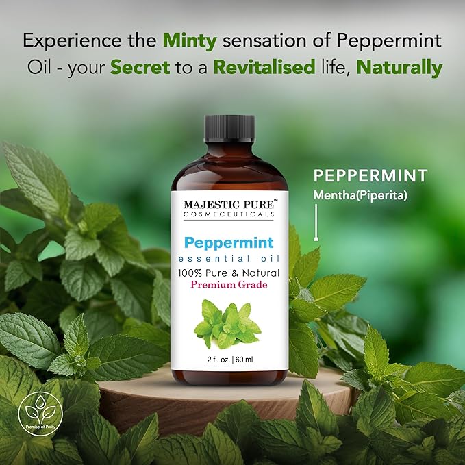 MAJESTIC PURE Peppermint Essential Oil with Glass Dropper | 100% Pure and Natural Peppermint Oil | Premium Grade Essential Oils for Diffusers, Skin, Aromatherapy, Massage | 2 Fl Oz