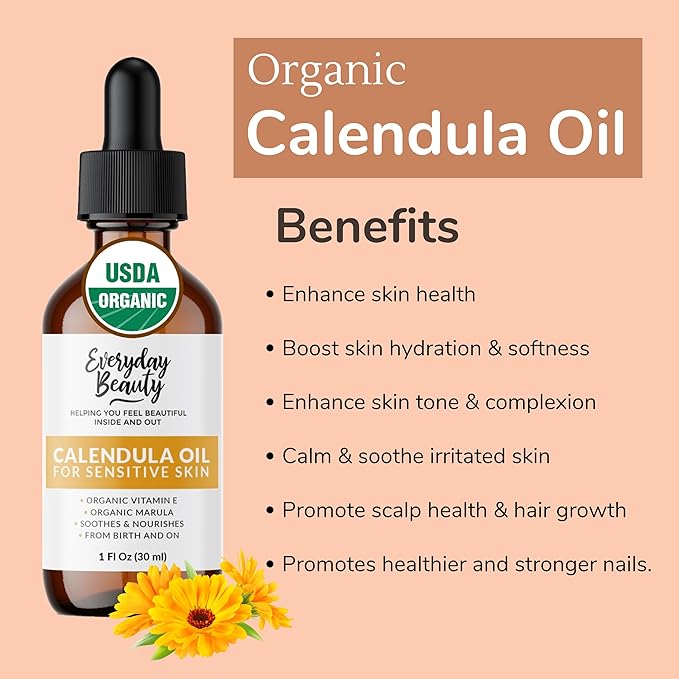 Organic Calendula Oil For Sensitive Skin - USDA Certified 100% Natural Plant Based, Lightweight & Unscented Gentle Soothing Oil For Sensitive Skin - For Face, Skin & All Over - 1 Fl Oz Glass & Dropper