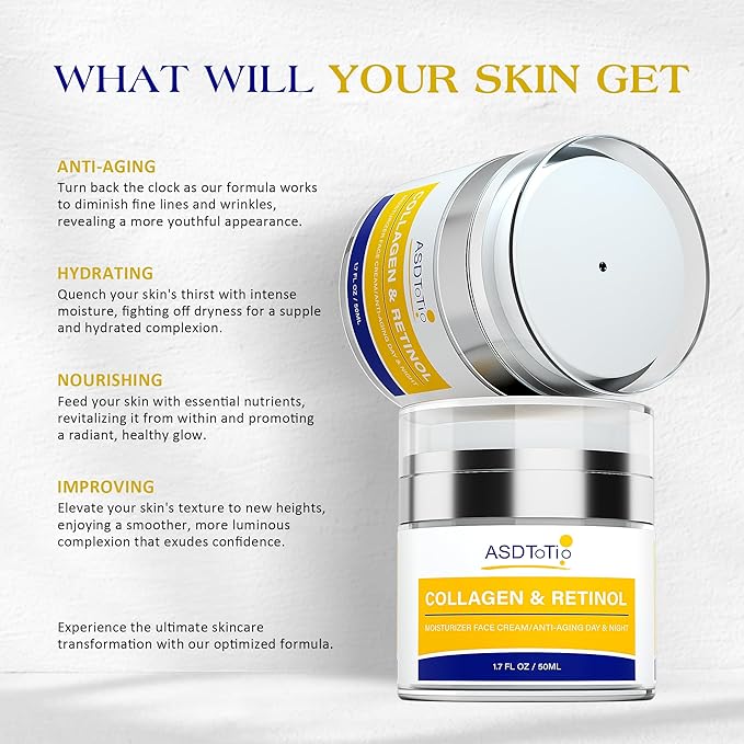 Collagen Face Moisturizer-Day & Night Anti-Aging Moisturizer with Retinol and Hyaluronic Acid for Men and Women - Reduces Wrinkles and Hydrates Skin