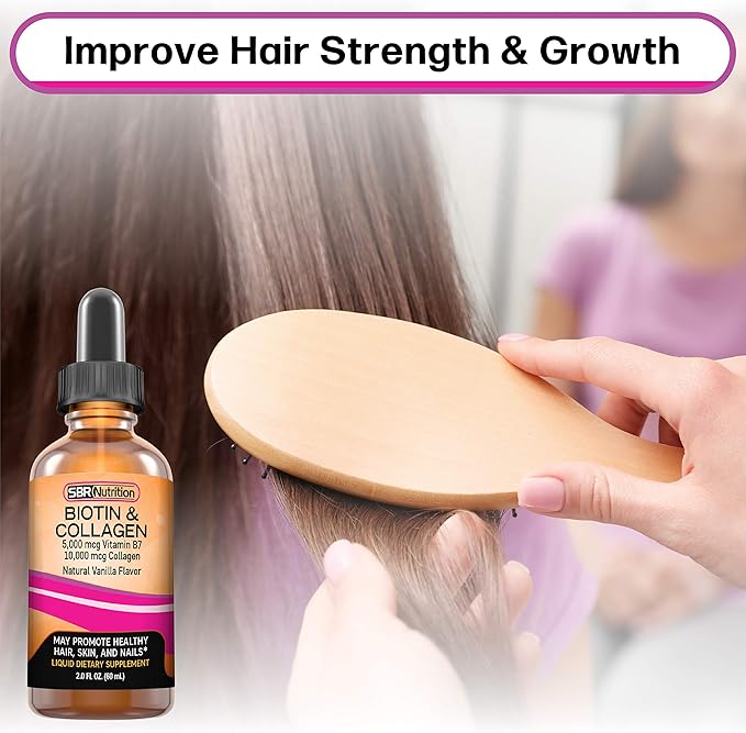 SBR Nutrition Biotin and Collagen Liquid Daily Dietary Supplement, Vitamins for Hair Growth and Thickening, Skin Health and Nail Strength, 2 oz (60mL)