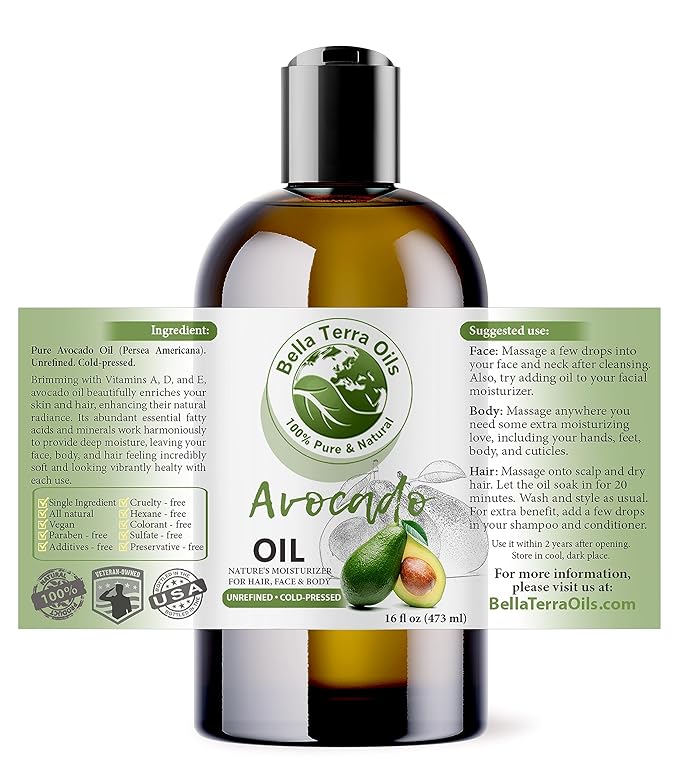 Bella Terra Oils - Avocado Oil 16oz - Cold-Pressed Purity, Unveiling Avocado's Nutritional Treasures, Perfect Carrier Oil for Blending Essentials