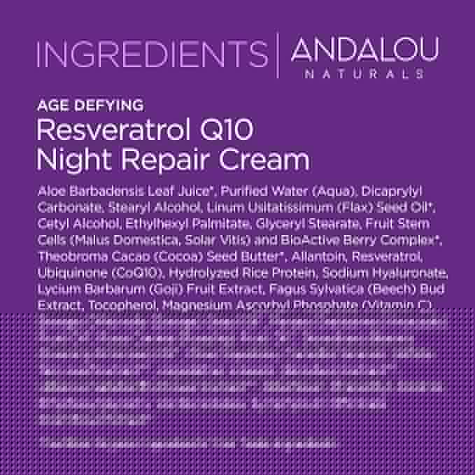 Andalou Naturals Resveratrol Q10 Night Repair Cream, For Dry Skin, Fine Lines & Wrinkles, For Softer, Smoother, Younger Looking Skin, 1.7 Ounce