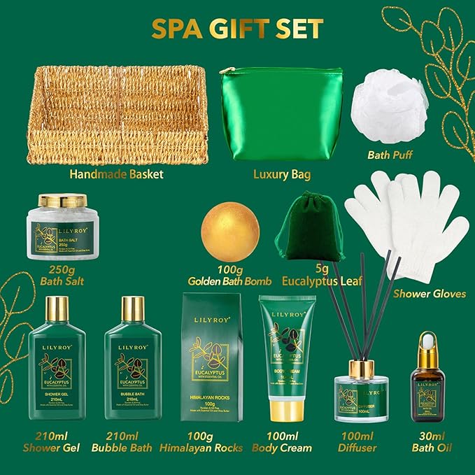 Mothers Day Relaxation Gift Basket - 15-Piece Premium Eucalyptus Bath Gift Set for Women & Men - Spa Kit with Shower Gel Ideal for Birthday, Christmas, Father’s Day, Perfect for Holidays & Self Care