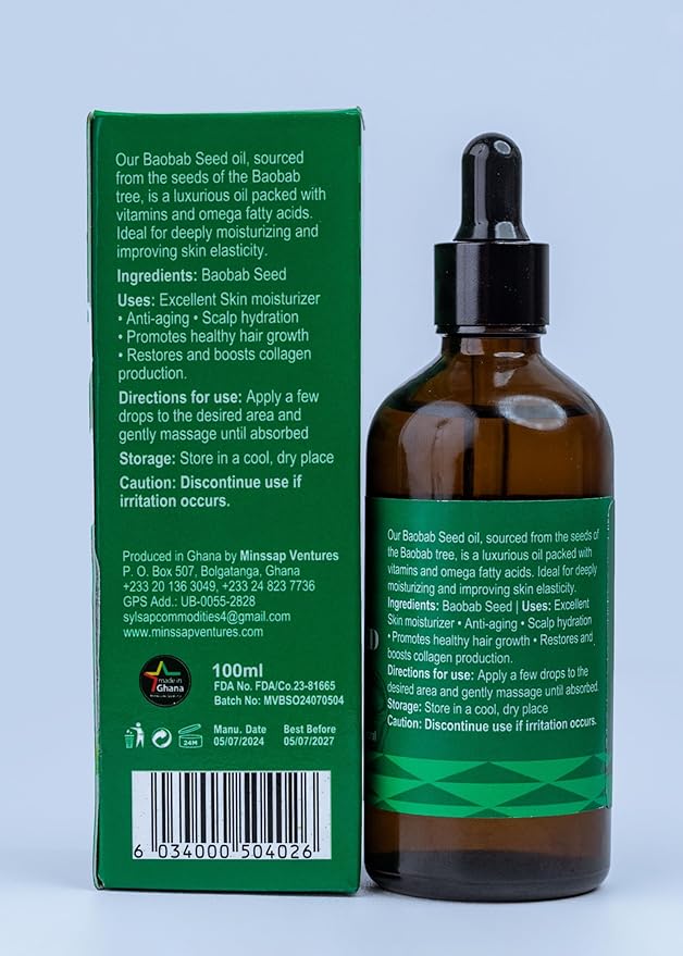 Minssap Ventures 3.4 fl oz Natural and Pure, Cold-Pressed Baobab Oil
