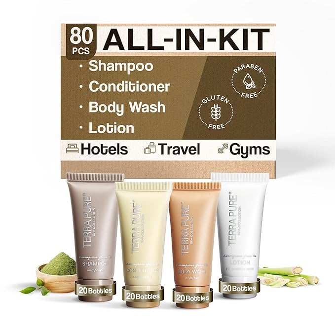 Terra Pure Spa Collection Bulk Set Toiletries | 1-Shoppe Amenities Kit for Hotels & Vacation Rentals | 0.85 oz Shampoo, Conditioner, Body Wash & Lotion | 80 Pieces