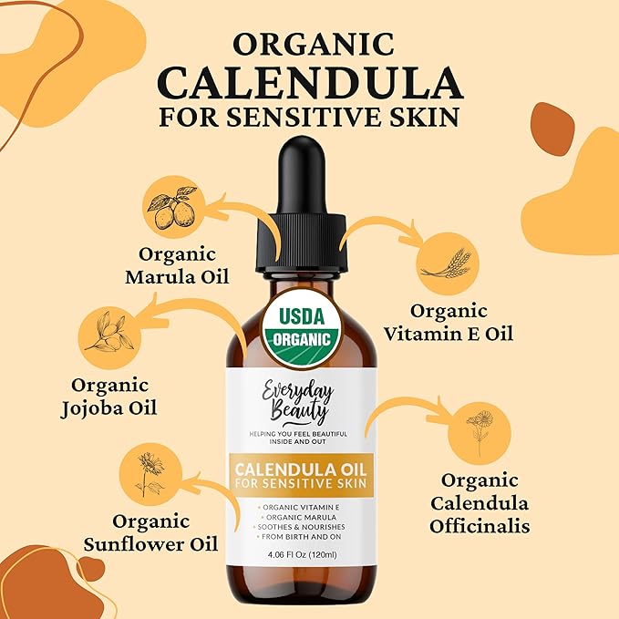 Organic Calendula Oil For Sensitive Skin - USDA Certified 100% Plant Based, Lightweight & Unscented Gentle Soothing Oil For Sensitive Skin - For Face, All Over - Large 4.06 Fl Oz Glass & Dropper