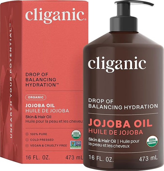 Cliganic Organic Jojoba Oil 16 oz, 100% Pure | Bulk, Natural Cold Pressed Unrefined Hexane Free for Hair & Face | Base Carrier Oil