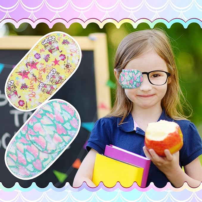 Newcotte 12 Pcs Eye Patch for Kids Toddler Reusable Adjustable Girls Boys Eyepatch for Glasses Left or Right Eye Patch, Assorted Patterns(Mermaid)