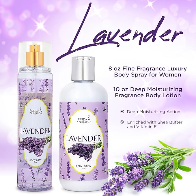 Home Spa Gift 10oz Deep Moisturizing Fragrance Body Lotion & 8 oz. Fine Fragrance Body Mist Set Luxury Self-Care Combo for Women and Girls (Lavender) Mother’s Day Gift for Mom