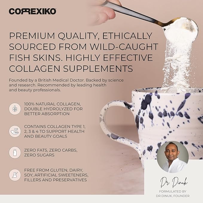 CORREXIKO Marine Collagen Powder Supplement Unflavored - 1kg & 5oz Bundle - 10,000mg Double Hydrolyzed Collagen Peptides per Serving - Formulated for Maximum Absorption - Hair, Skin & Nails