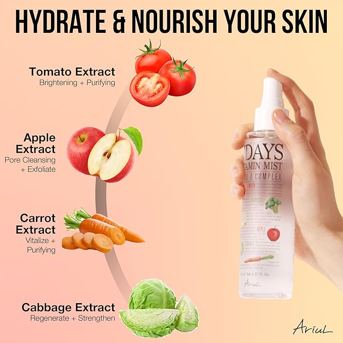 Ariul 7 Days Vitamin Mist - 3 in 1 Hydrating Face Mist, Makeup Setting Spray & Facial Toner – Perfect Makeup Finish Spray for Dewy Look - Natural Face Spray - Suitable for All Skin Types (5.07 Fl.Oz)