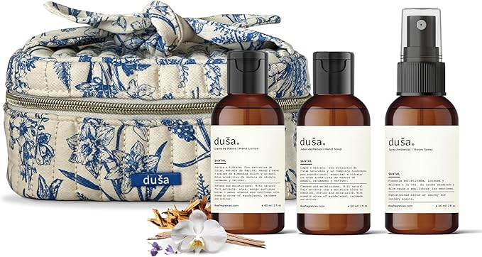 Dusa Santal Gift Set: Room Spray Santal Fragrance (2 oz), Premium Hydrating Hand Cream (2 oz), Soothing Hand Soap & Toile de Jouy Makeup Pouch – Ideal Luxurious Gift for Mothers Day