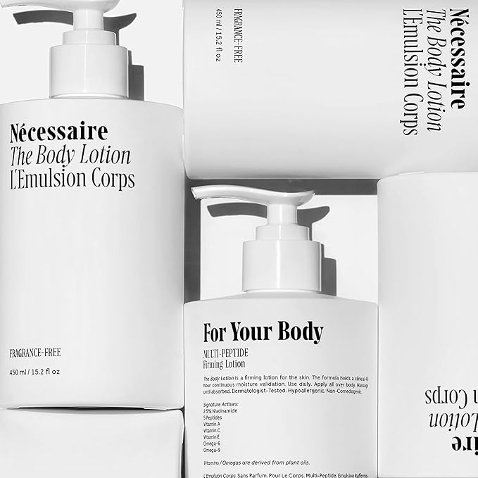 Nécessaire The Body Lotion with Pump. Fragrance-Free. Multi-Peptide Firming Lotion to Moisturize, Firm, Strengthen. 2.5% Niacinamide, Vitamin C/E + Omega 6/9. 450ml / 15.2 fl oz