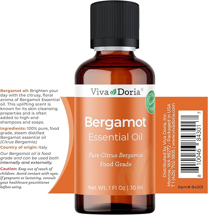 Viva Doria 100% Pure Bergamot Essential Oil, Undiluted, Food Grade, Italian Bergamot Oil, 1 Fluid Ounce (30 mL) Natural Aromatherapy Oil