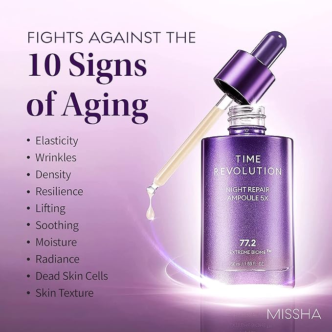 MISSHA Time Revolution Night Repair Face Serum Ampoule (5th Gen) - Overnight Probiotic Skincare for Intensive Repair and Radiance, 1.69 Fl Oz