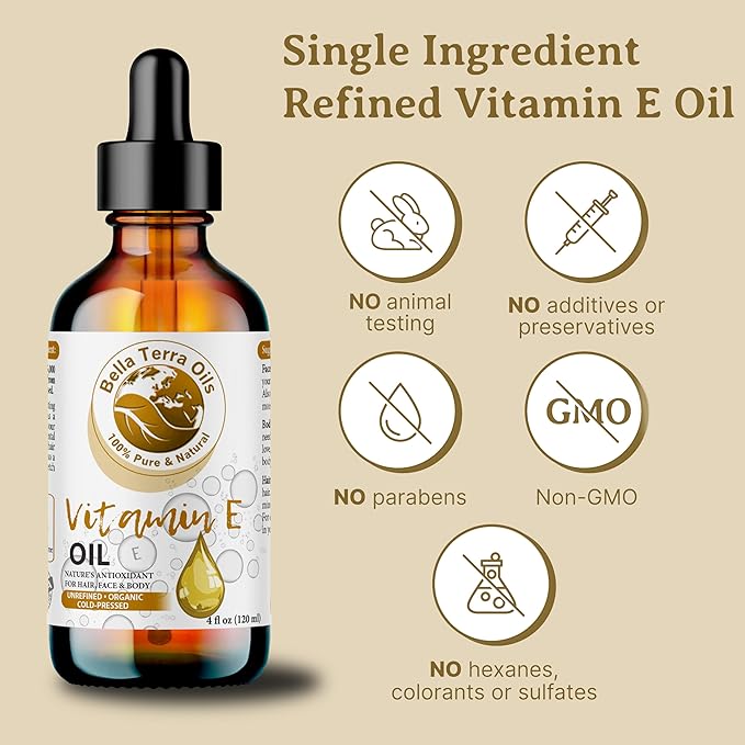 Bella Terra Oils - Organic Vitamin E Oil 2oz - Celebrate Natural Organic Vitamin E's Nutrient-Rich Legacy, D-Alpha Tocopherol Derived, A Must-Have for Luxurious Skin