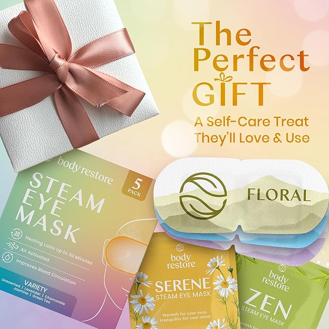 Body Restore Self Heated Steam Eye Mask 5 Pack - Fathers Day Unique Gifts for Dad, Relaxation Gifts for Her and Him, Best Friend, Stye Eye Treatment, Travel Essentials - Variety
