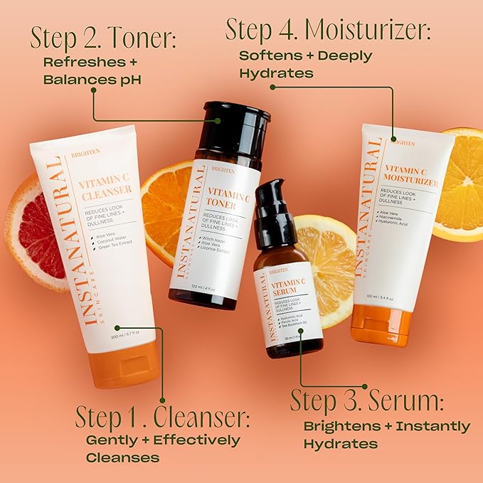 InstaNatural Vitamin C Four Step Skin Care Set, Skincare Routine, Brightens, Hydrates, Prevents Signs of Aging, Face Wash, Toner, Serum and Moisturizer, with Botanical Extracts
