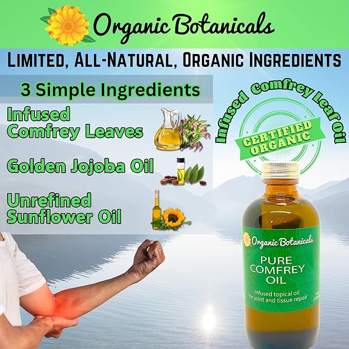 Pure Comfrey Leaf Infused Oil - Skin Care for Joints, Back, Muscles, Fractures, Bruises, and Minor Wounds, Natural Herbal Body Massage Oil, Certified Organic (16 oz)