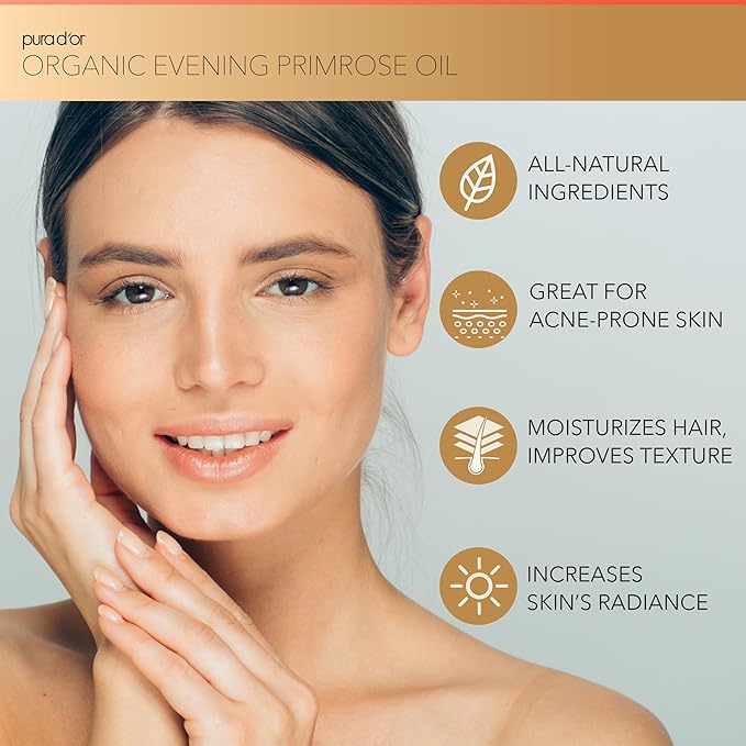 PURA D'OR Organic Evening Primrose Oil (4oz) 100% Pure Cold Pressed w/Natural Essential Fatty Acids & Antioxidant Rich - Moisturizes, Rejuvenates, Renews & Restores - Skin, Hair & Face