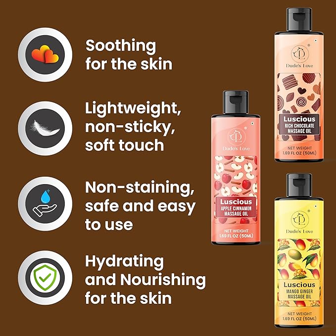 Dude's Love Luscious Flavored Massage Oil Set - Pack of 3 - Organic - Chocolate, Apple Cinnamon, Mango Ginger - Non-Sticky, Nourishing & Moisturizing - Aromatherapy Vegan Oil - 1.69 FL OZ x3