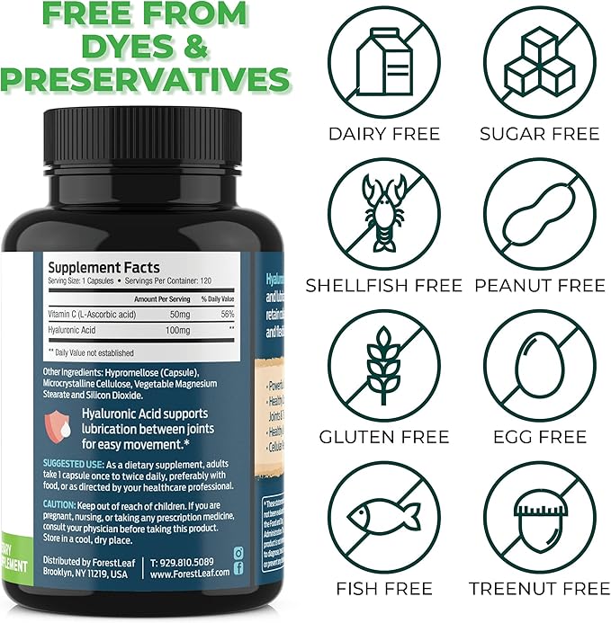 ForestLeaf Hyaluronic Acid Supplements | 100mg High Bioavailable Dietary Hyaluronic Acid Capsules, Pills + 50mg VIT C | Supports Skin Hydration, Joint Lubrication, Anti-Aging, Hair & Nails | 120 Caps