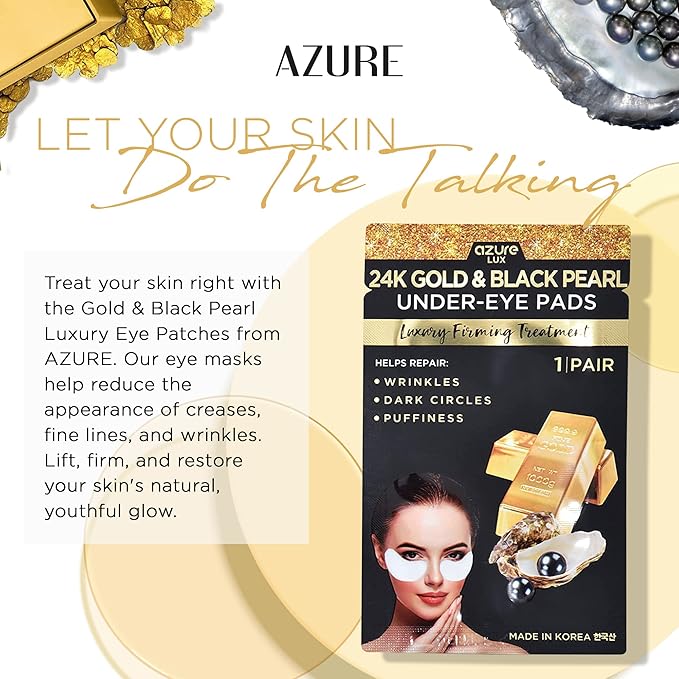 Azure Cosmetics 24K Gold & Black Pearl Luxury Firming Under Eye Pads - Moisturizing & Restoring Eye Mask Patches - Reduces Fine Lines, Wrinkles, Dark Circles & Puffiness - Made in Korea - 5 Pairs