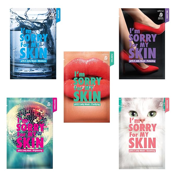 I'M SORRY FOR MY SKIN Jelly Mask Full Set for Skin Stress Relief, Korean Skin Care Travel Essentials Kit, K-Beauty Hydrating Face Mask Sheets, Gifts for Women (pH5.5 Pack of 5)