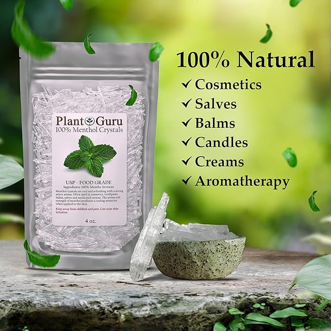 Menthol Crystals 2 oz. Mentha Arvensis 100% Pure Natural USP Food Grade - Great for Cosmetics, Salves, Balms, Creams and Soap Making.