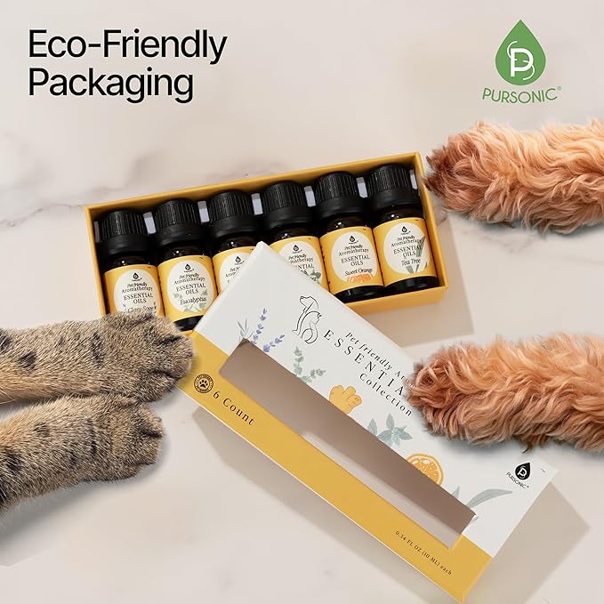 Pursonic Pet-Friendly Aromatherapy Oil Blends, 6-Piece Set with Eucalyptus, Sweet Orange, Peppermint, Clary Sage, Tea Tree, Ginger - Vet-Approved, Pet-Safe Aromatherapy, 10 ML