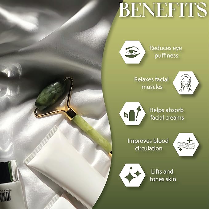 Jade Face Roller - Green Gua Sha Face Roller Kit for Skin Care | Kit Includes Jade Face Roller & Scraper Tool, Face Sponge, Scented Candle, & Crystal Essential Oil Bottle