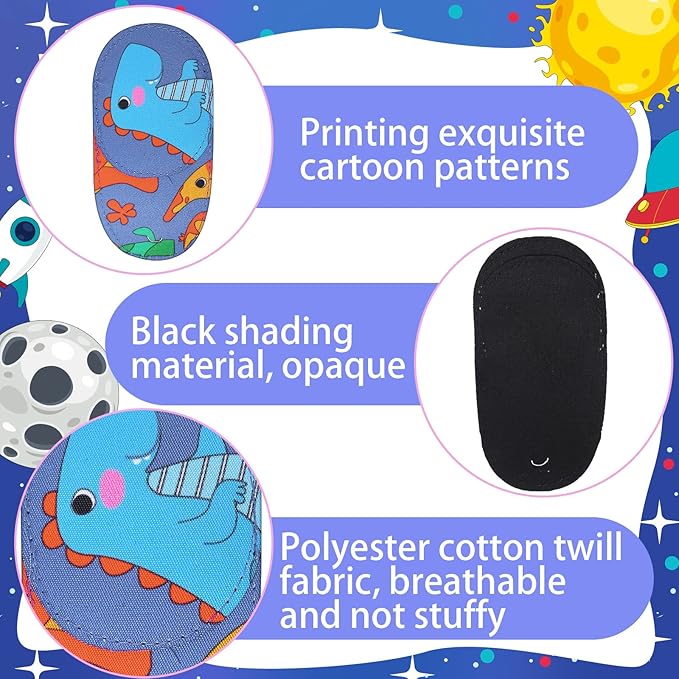 Newcotte 12 Pcs Eye Patch for Kids Toddler Reusable Adjustable Girls Boys Eyepatch for Glasses Left or Right Eye Patch, Assorted Patterns(Dinosaur)